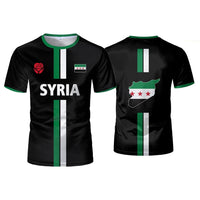Syrian Flag Map Print Football T-Shirt by MANDOTOS INTERNATIONAL, men's and kids' summer top with vibrant national flag design.