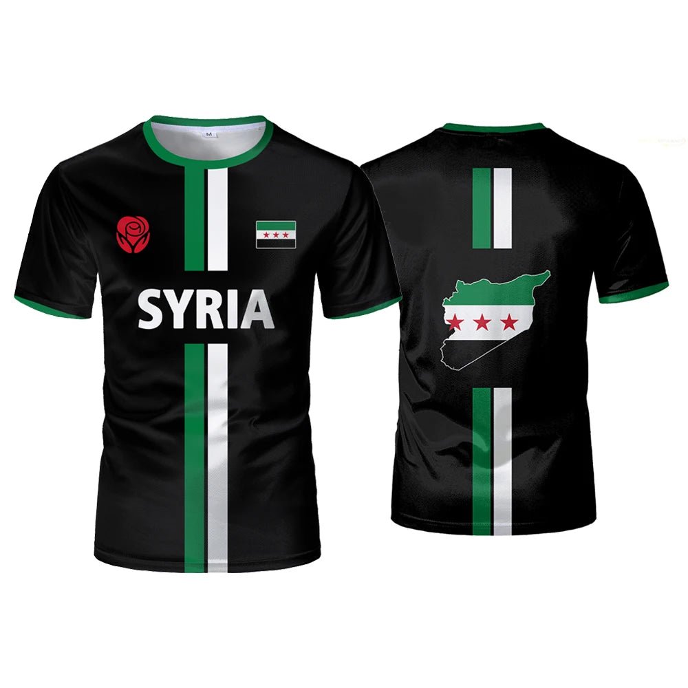 Syrian Flag Map Print Football T-Shirt by MANDOTOS INTERNATIONAL, men's and kids' summer top with vibrant national flag design.