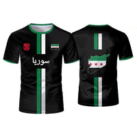 Syrian flag map print football T-shirt by MANDOTOS INTERNATIONAL, men's and kid's summer top with vibrant flag design.