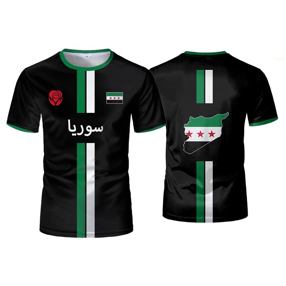 Syrian flag map print football T-shirt by MANDOTOS INTERNATIONAL, men's and kid's summer top with vibrant flag design.