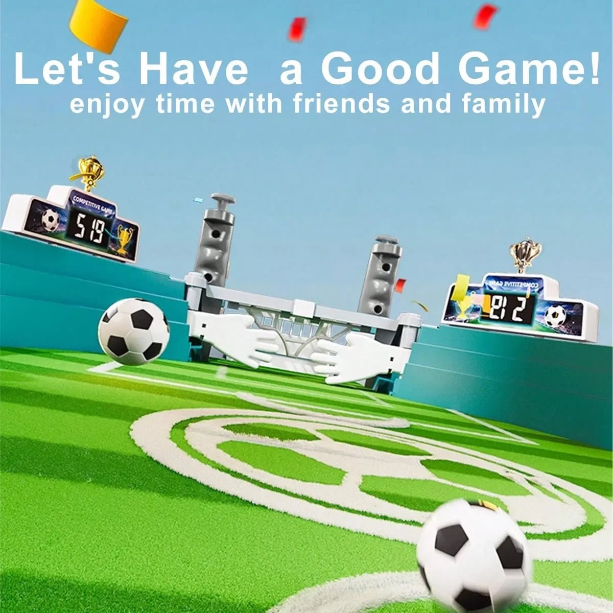 Mandotos International tabletop football game with two-player soccer table, perfect for parent-child interactive fun and family entertainment.