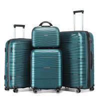 Mandotos International teal 4-piece hardside luggage set with spinner wheels, including 12, 20, 24, and 28-inch suitcases for travel.