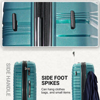 Mandotos International teal 4-piece hardside luggage set with spinner wheels, including 12, 20, 24, and 28-inch suitcases for travel.