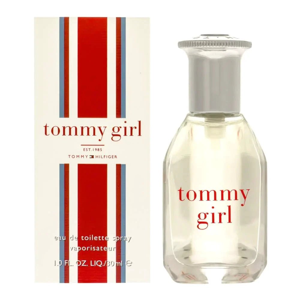 Tommy Girl 1.0 oz women's Eau de Toilette by Hilfiger, displayed in a clear glass bottle with a stylish cap, on a white background.