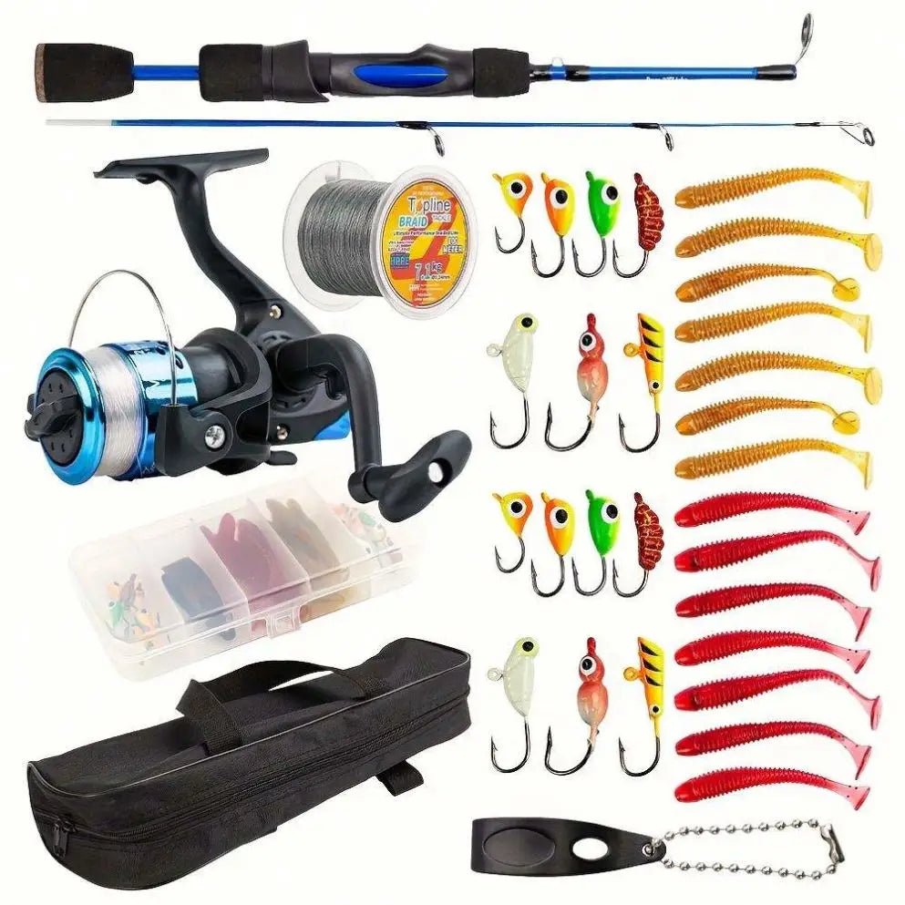 Mandotos International Topline Tackle high-quality travel fishing pole and ice fishing rod combo, made in China, with reel and line setup.