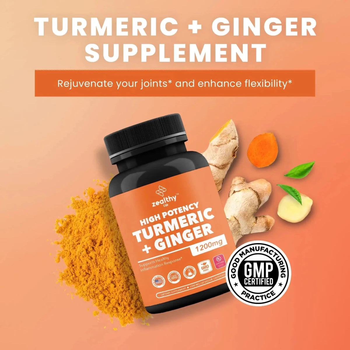 Mandotos International Turmeric & Ginger 1200mg advanced joint support capsules, dietary supplement for joint health.