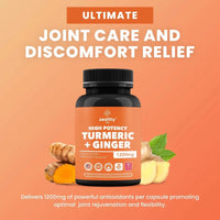 Mandotos International turmeric and ginger joint support supplement in a bottle of 180 capsules, promoting joint health and mobility.