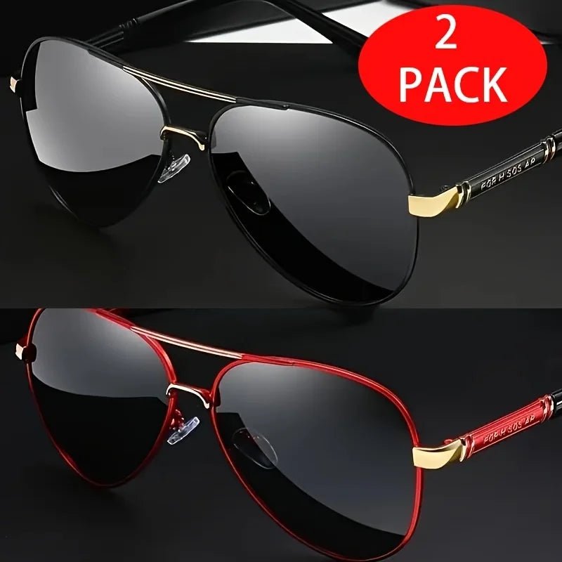 Two pairs of red sunglasses with stylish metal frames and TAC lenses, designed for elegance and sharp vision.