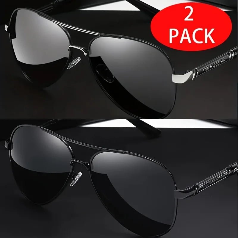 Two pairs of red MANDOTOS INTERNATIONAL sunglasses with stylish metal frames and TAC lenses for sharpness and elegance.