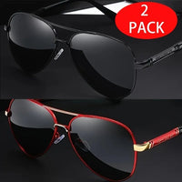 Two pairs of red sunglasses with stylish metal frames and TAC lenses, offering sharpness and elegant design by Mandotos International.