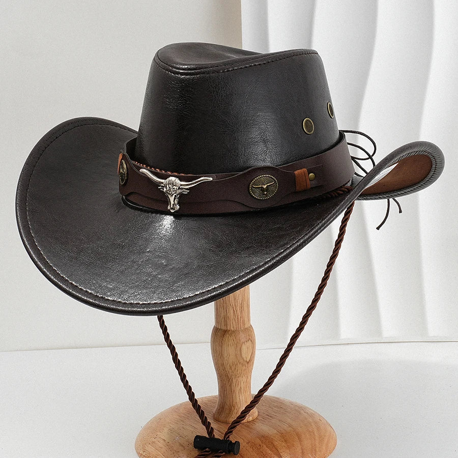 Unisex vintage faux leather cowboy hat with wide brim, Western style, suitable for outdoor wear and casual fashion.