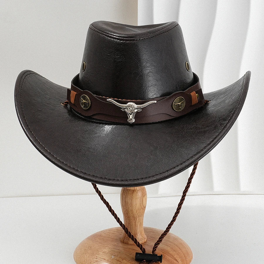 Unisex vintage faux leather cowboy hat with western style, outdoor jazz cap, suitable for men and women.