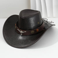 Unisex vintage faux leather western cowboy hat with brim, suitable for outdoor wear and cowboy or jazz style, by MANDOTOS INTERNATIONAL.
