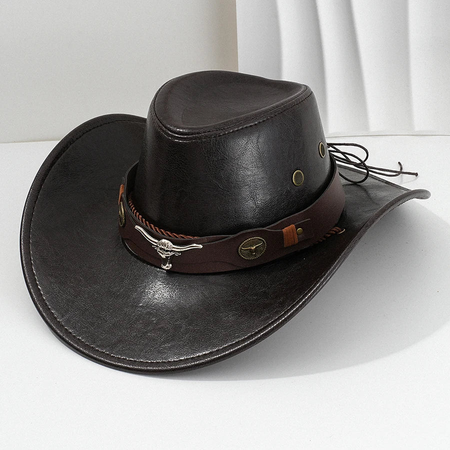 Unisex vintage faux leather western cowboy hat with brim, suitable for outdoor wear and cowboy or jazz style, by MANDOTOS INTERNATIONAL.