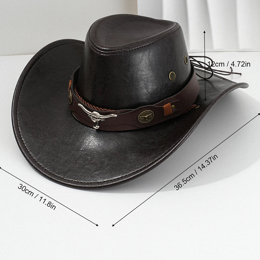 Unisex vintage faux leather cowboy hat with wide brim, western style, suitable for outdoor wear by men and women.