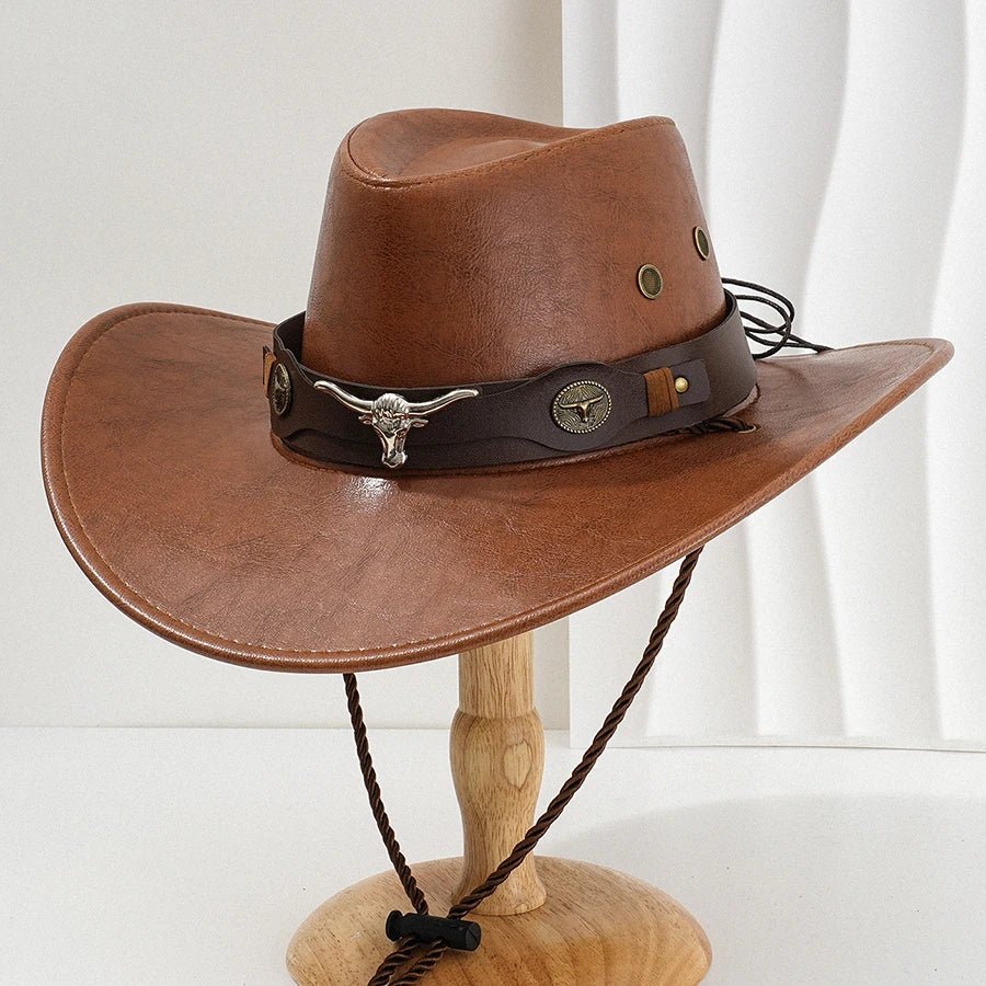 Unisex vintage faux leather Western cowboy hat with wide brim, suitable for outdoor wear, by MANDOTOS INTERNATIONAL.
