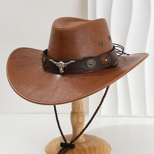 Unisex vintage faux leather Western cowboy hat with wide brim, suitable for outdoor wear, by MANDOTOS INTERNATIONAL.