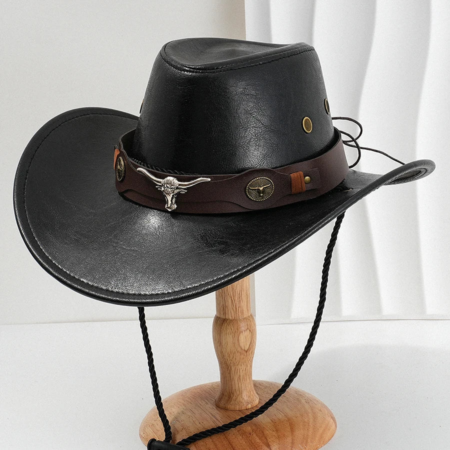 Unisex vintage faux leather western cowboy hat with wide brim, outdoor style, suitable for men and women, by MANDOTOS INTERNATIONAL.