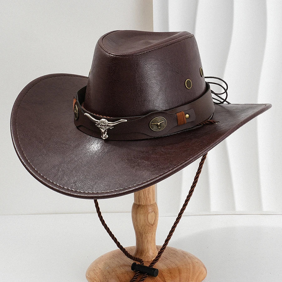 Unisex vintage faux leather cowboy hat by MANDOTOS INTERNATIONAL, outdoor Western style with brim for men and women.