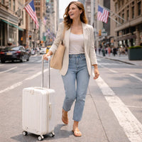 Mandotos International 20-inch hard shell trolley suitcase with waterproof design, lightweight construction, front opening, and built-in cup holder.