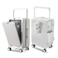Mandotos International 20-inch hard shell trolley suitcase with waterproof design, lightweight construction, front opening, and cup holder.