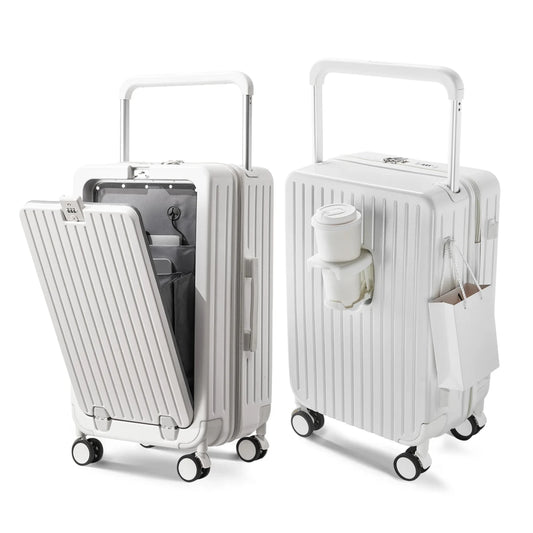 Mandotos International 20-inch hard shell trolley suitcase with waterproof design, lightweight construction, front opening, and cup holder.