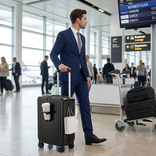 Mandotos International lightweight 20-inch hard shell trolley suitcase with front opening and built-in cup holder for travel.