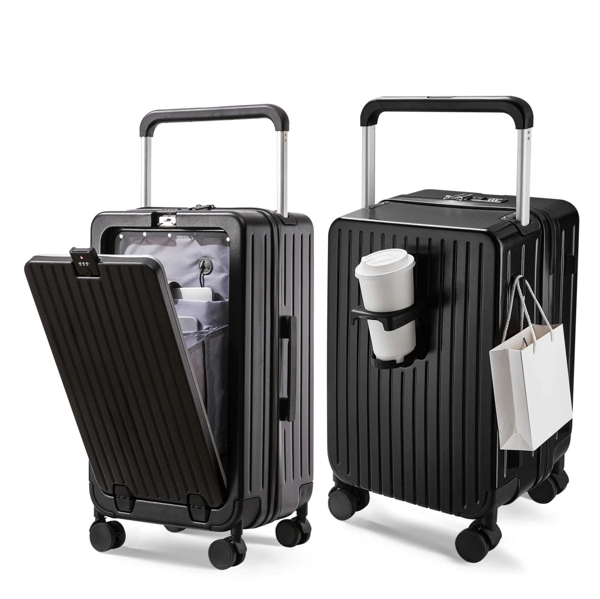 Lightweight 20-inch hard shell trolley suitcase by MANDOTOS INTERNATIONAL with front opening and built-in cup holder.