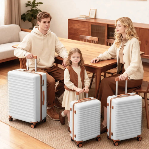 Luxury lightweight hard shell travel suitcases set by MANDOTOS INTERNATIONAL, includes 20, 24, and 28-inch luggage pieces.