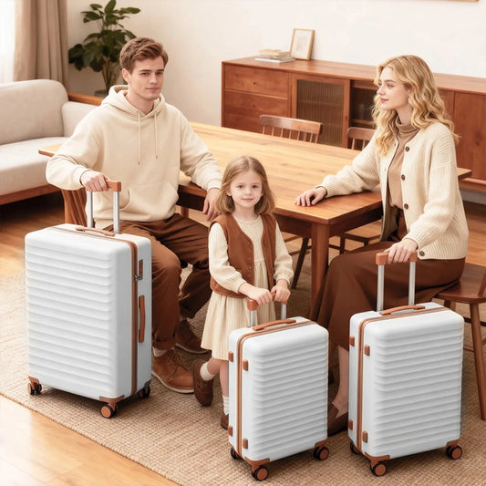 Luxury lightweight hard shell travel suitcases set by MANDOTOS INTERNATIONAL, includes 20, 24, and 28-inch luggage pieces.