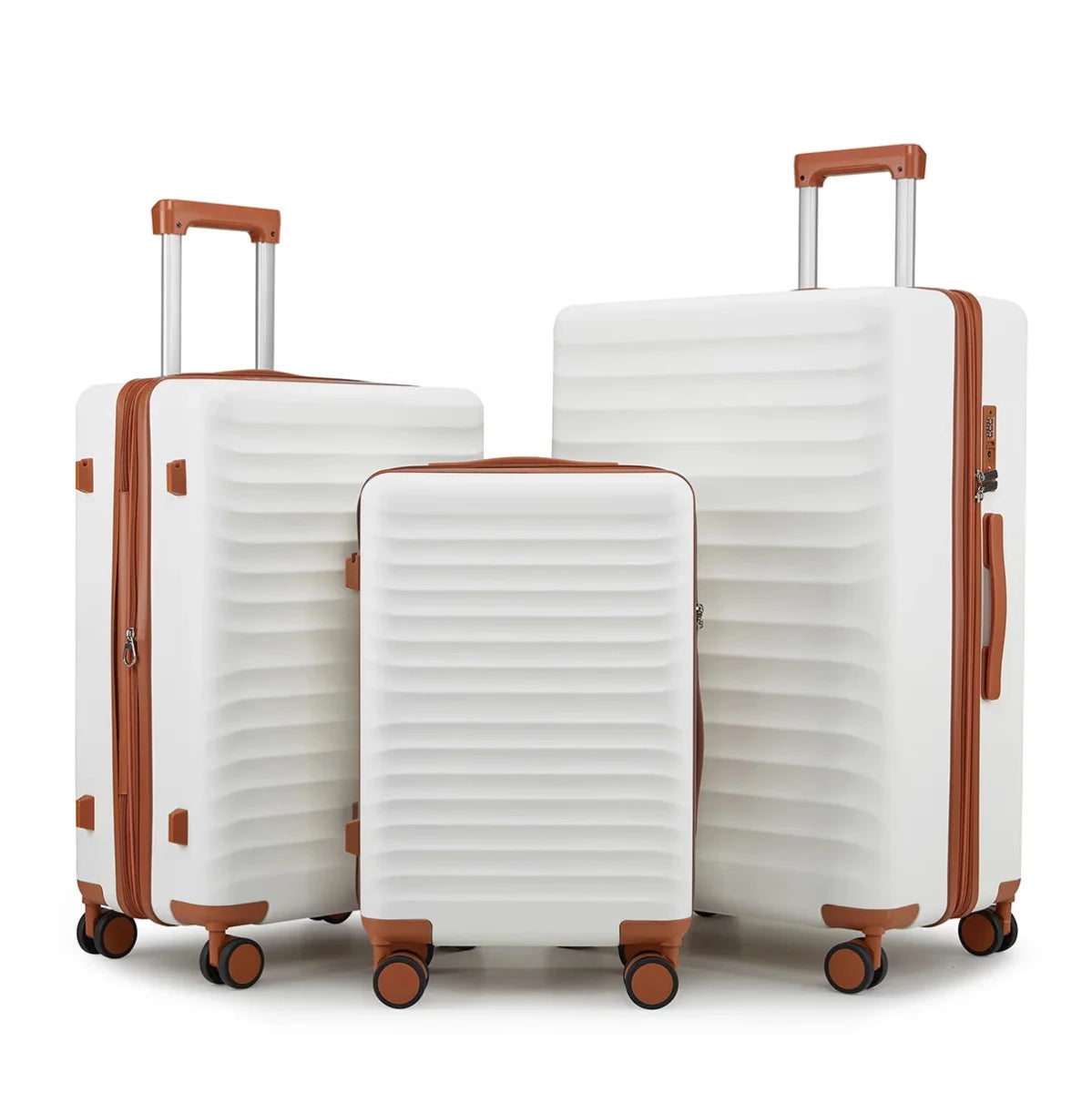 Mandotos International 3-piece lightweight hard shell travel luggage set with 20, 24, and 28-inch suitcases for easy travel.