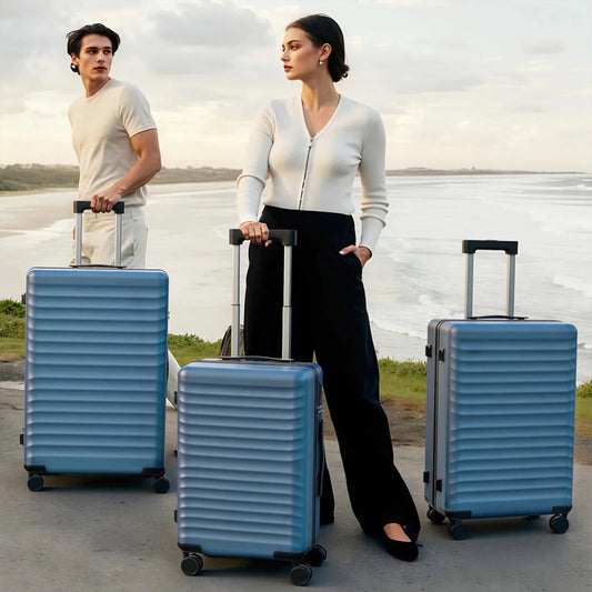 Mandotos International waterproof luxury PC+ABS 3-piece trolley luggage set with hard shells and silent wheels for travel.