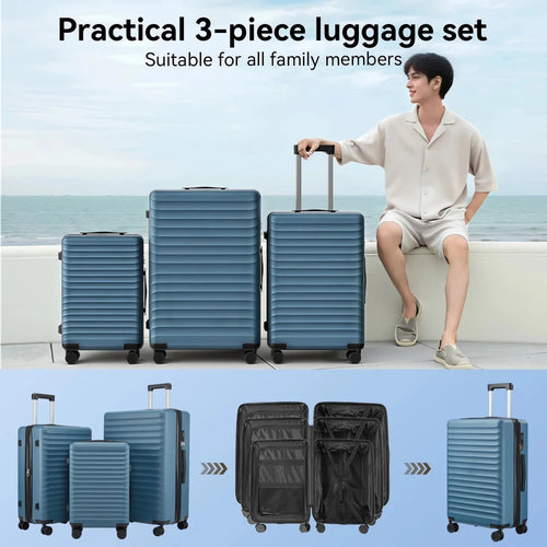 Mandotos International waterproof luxury PC+ABS 3-piece trolley luggage set with hard shells and silent wheels for travel.