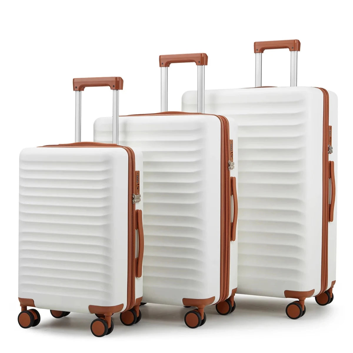 Mandotos International waterproof luxury PC+ABS 3-piece trolley luggage set with hard shell and silent wheels.