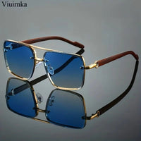 Mandotos International UV400 unisex square sunglasses with double bridge, wood grain frame, and included case for daily wear and travel.