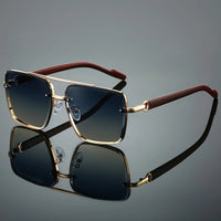 Mandotos International UV400 unisex square sunglasses with double bridge, retro wood grain design, in case for daily wear and travel.