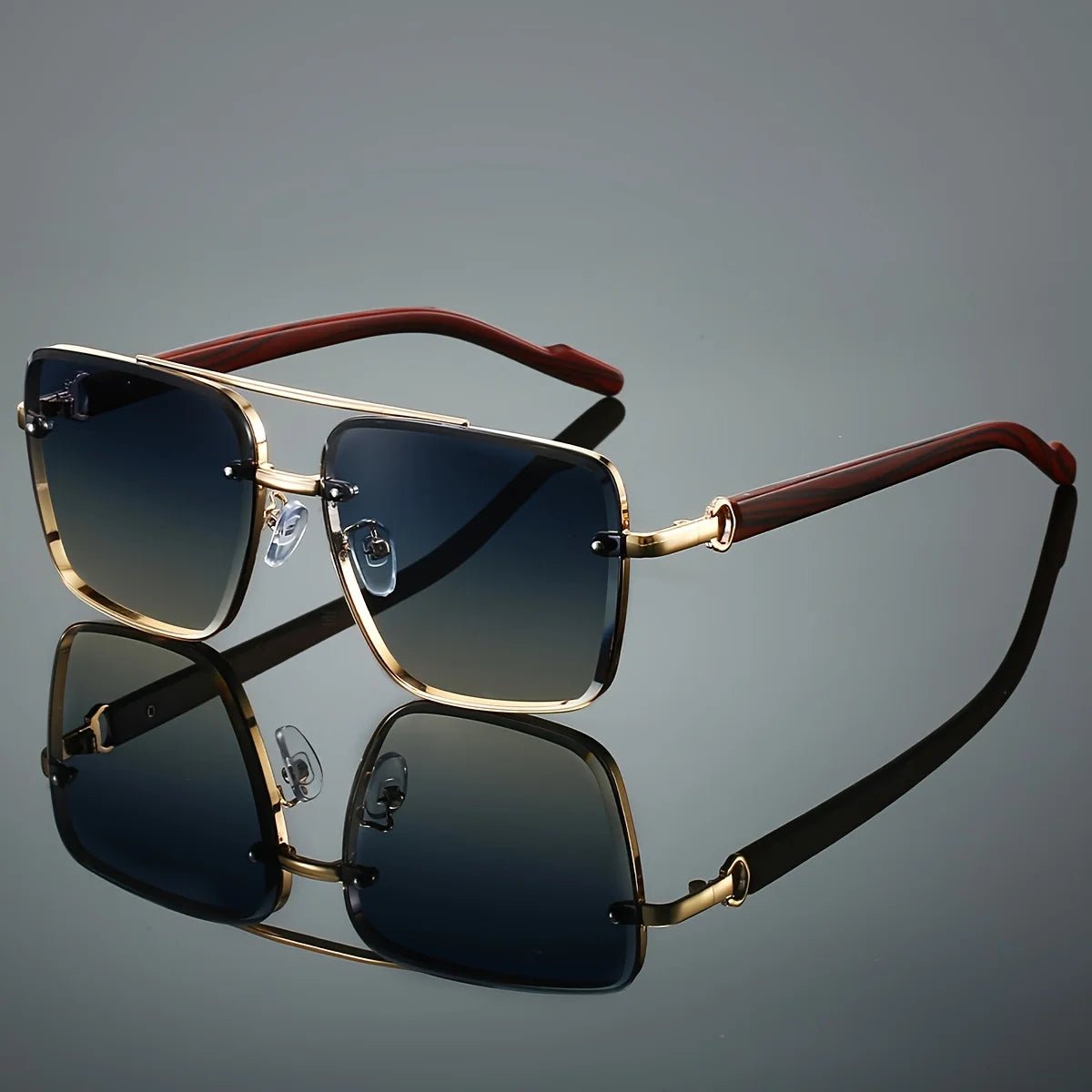 Mandotos International UV400 unisex square sunglasses with double bridge, retro wood grain design, in case for daily wear and travel.