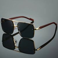 Unisex square UV400 sunglasses with double bridge design, wood grain finish, in a case for daily wear, driving, and travel.