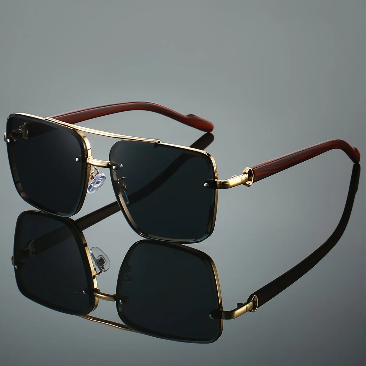 Unisex square UV400 sunglasses with double bridge design, wood grain finish, in a case for daily wear, driving, and travel.