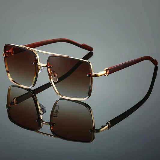 Mandotos International UV400 unisex square sunglasses with double bridge, retro wood grain design and included case for daily wear.