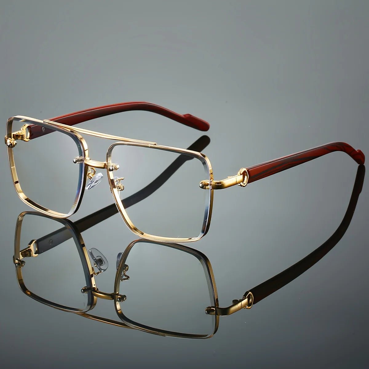 Mandotos International UV400 unisex square sunglasses with double bridge, retro wood grain design, in protective case for daily wear.
