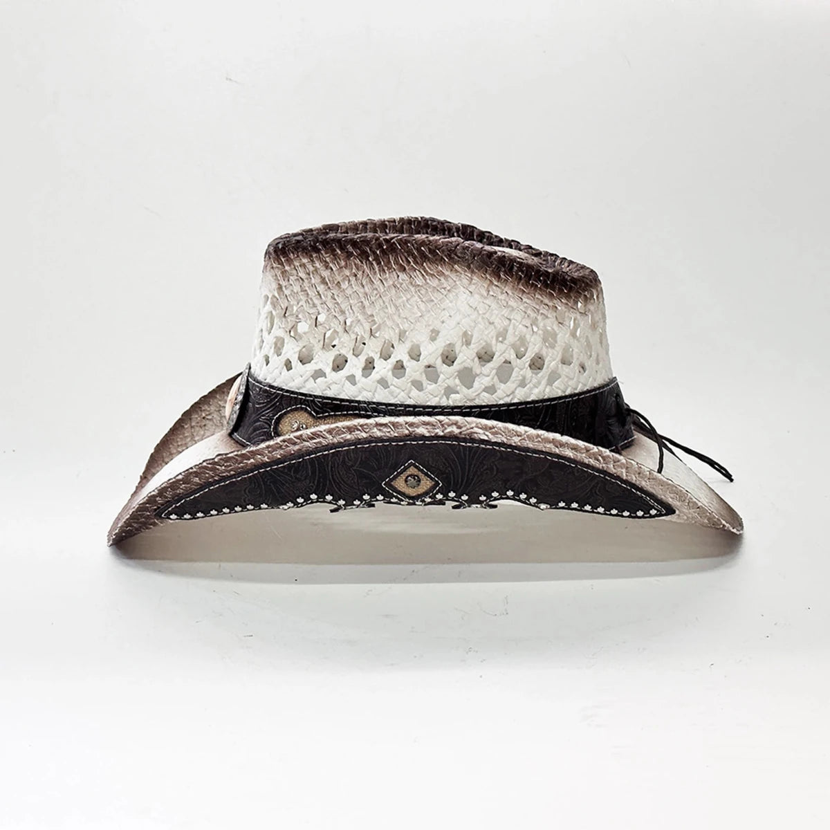 Vintage-inspired Western straw cowboy hat with concho band, unisex rodeo cowgirl style by MANDOTOS INTERNATIONAL.