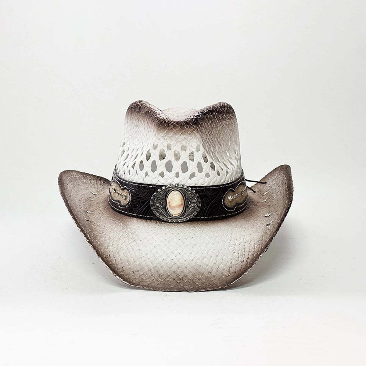 Vintage-inspired Western straw cowboy hat with concho band, unisex rodeo cowgirl style by MANDOTOS INTERNATIONAL.