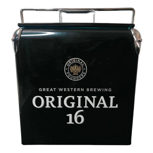 Vintage iron cooler box by MANDOTOS INTERNATIONAL, 13L outdoor camping and picnic ice chest with sturdy iron design.
