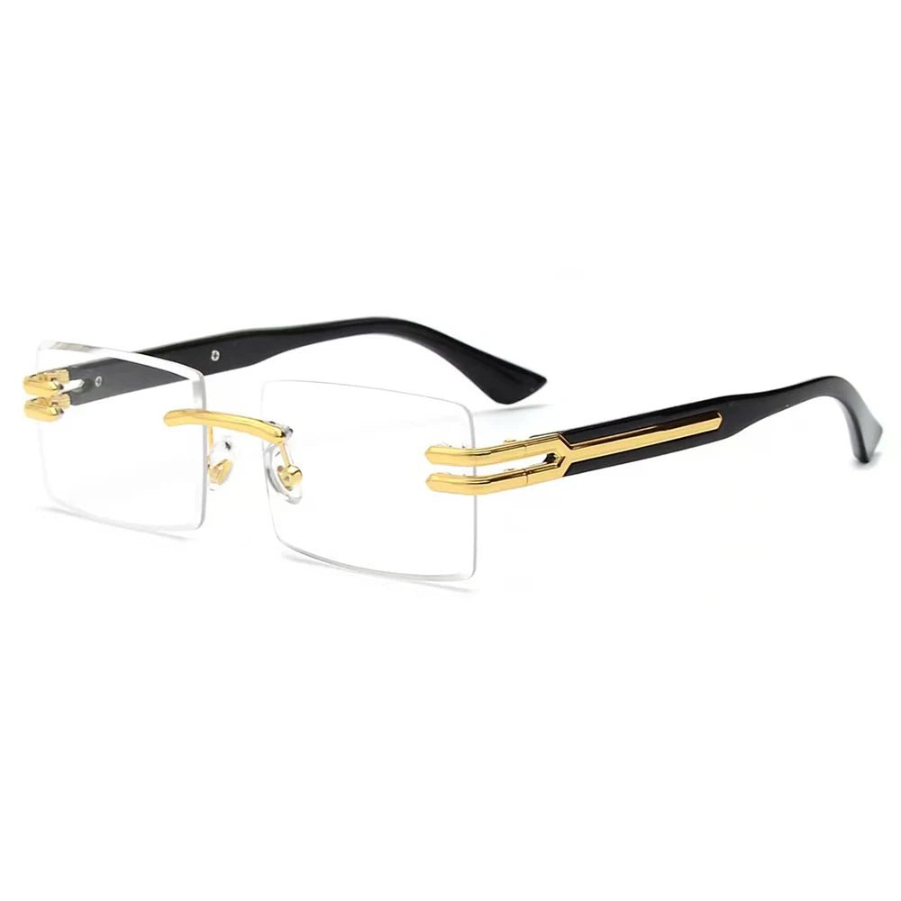 Vintage rimless sunglasses with stylish PC frames by MANDOTOS INTERNATIONAL, featuring sleek, modern design and clear lenses.