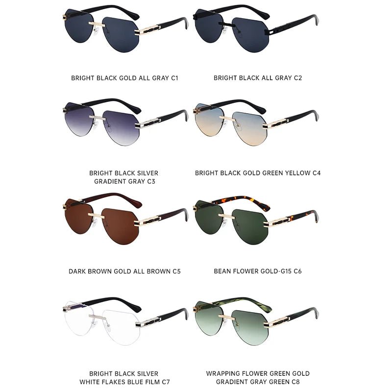 Vintage rimless sunglasses by MANDOTOS INTERNATIONAL, stylish unisex outdoor eyewear with sleek design and UV protection.