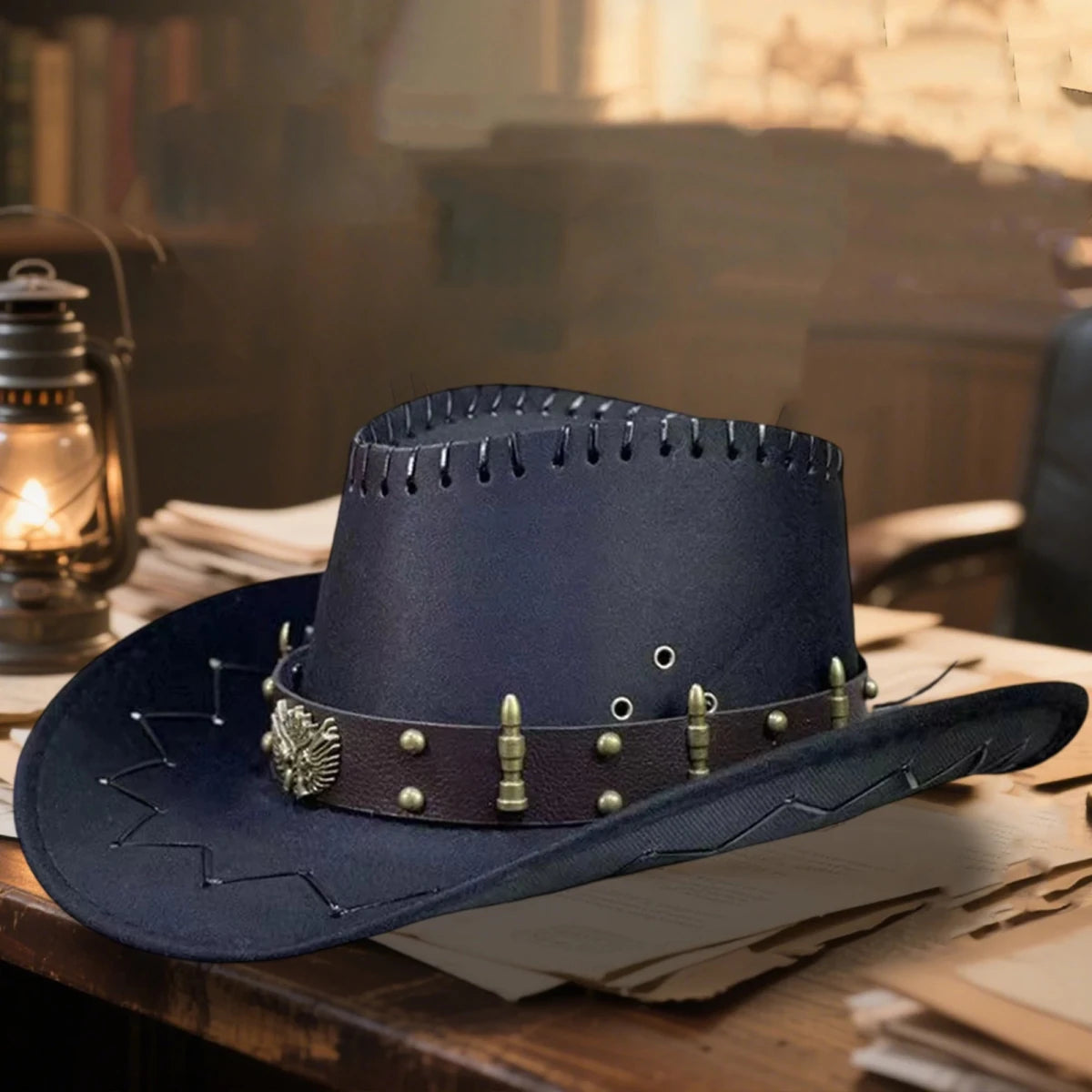 Vintage Rodeo Cowboy Hat with Gun Holster by MANDOTOS INTERNATIONAL, wide brim wild west cap with authentic western style.