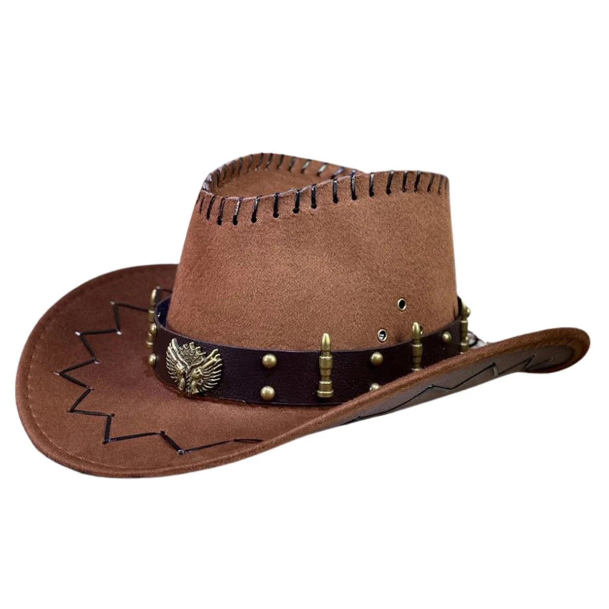 Vintage cowboy hat with wide brim and gun holster from MANDOTOS INTERNATIONAL, Wild West style, suitable for costumes or themed events.