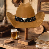 Vintage unisex cowboy hat with bull head bead and wide brim, crafted by MANDOTOS INTERNATIONAL, featuring a classic fedora style.