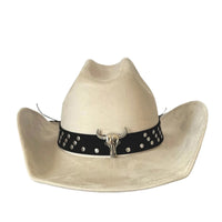 Vintage unisex cowboy hat with bull head bead and wide brim fedora by MANDOTOS INTERNATIONAL, showcasing a stylish western accessory.
